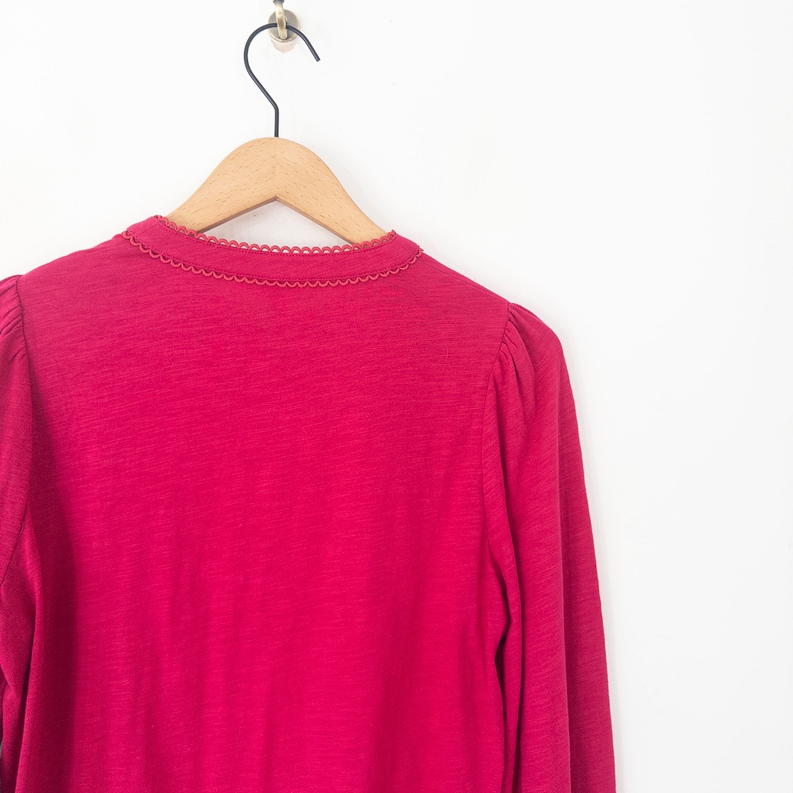 Boden Cotton Henley Blouse Top Size 14 Raspberry Pink Embroidered Long Sleeve