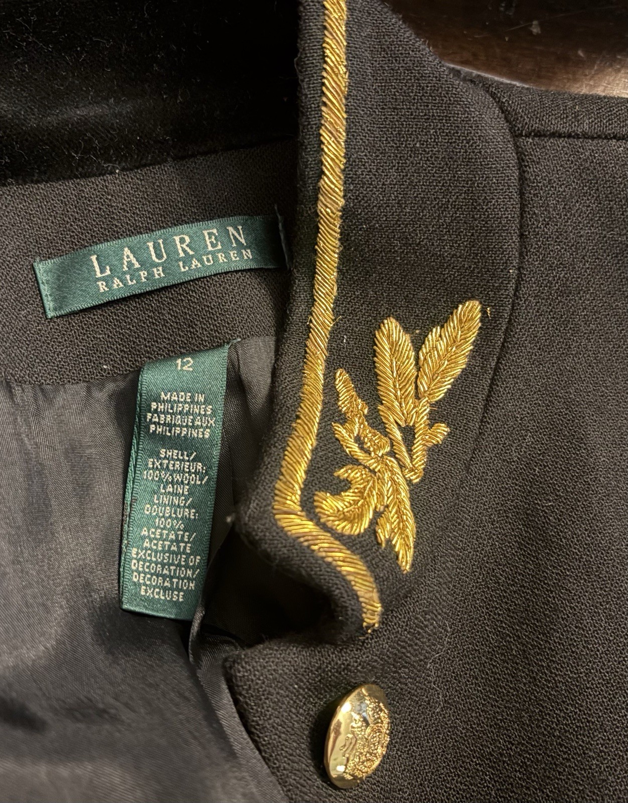 Vintage Ralph Lauren 100% Wool Military Peplum Gold Embossed Buttons, Embroidery