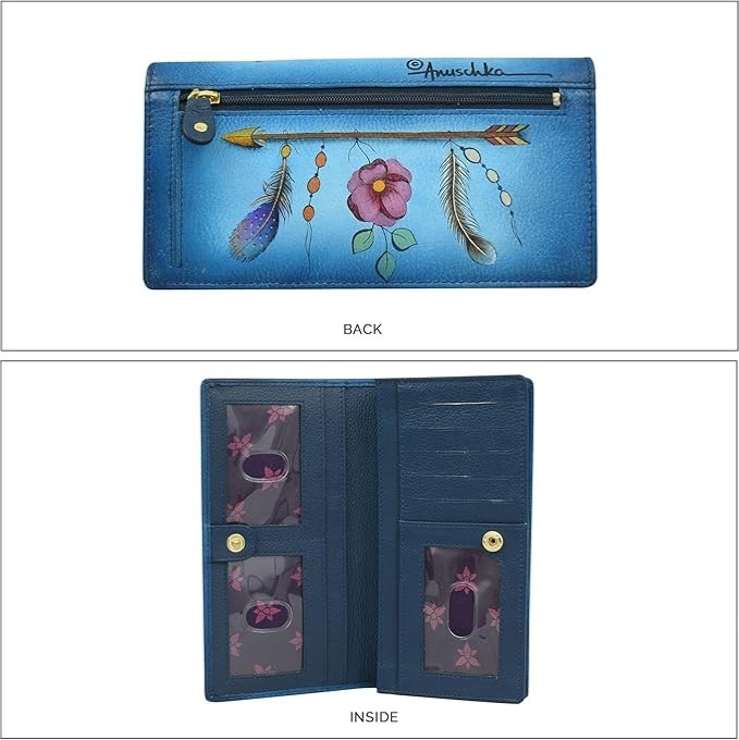 ANUSCHKA NWT🪶”RARE” RFID Bi-Fold Snap Clutch Wallet-Feather Skull Denim 1785