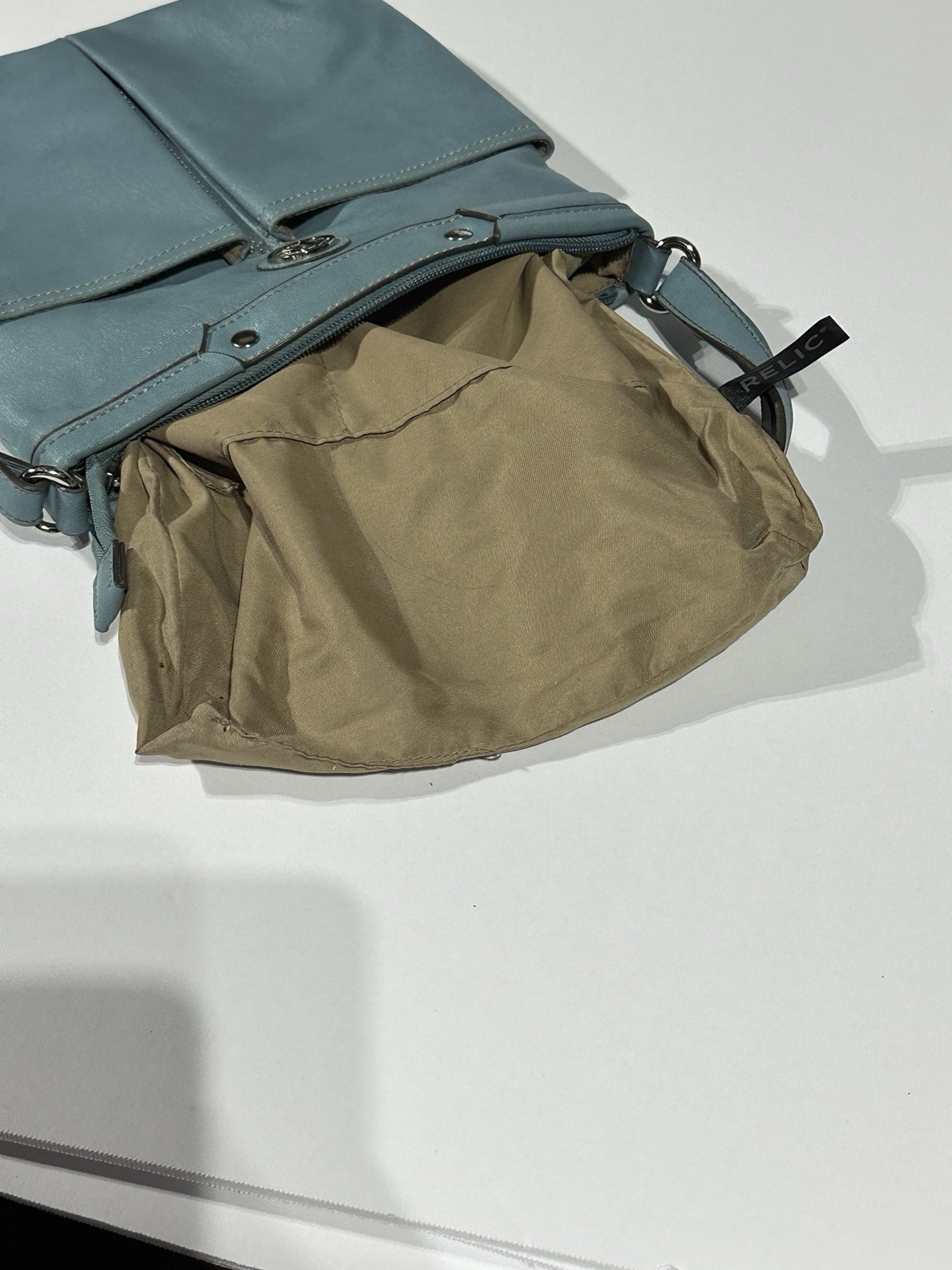 Relic Blue Zip Shoulder Bag Logo Stitching Inner Outer Pockets Women’s
