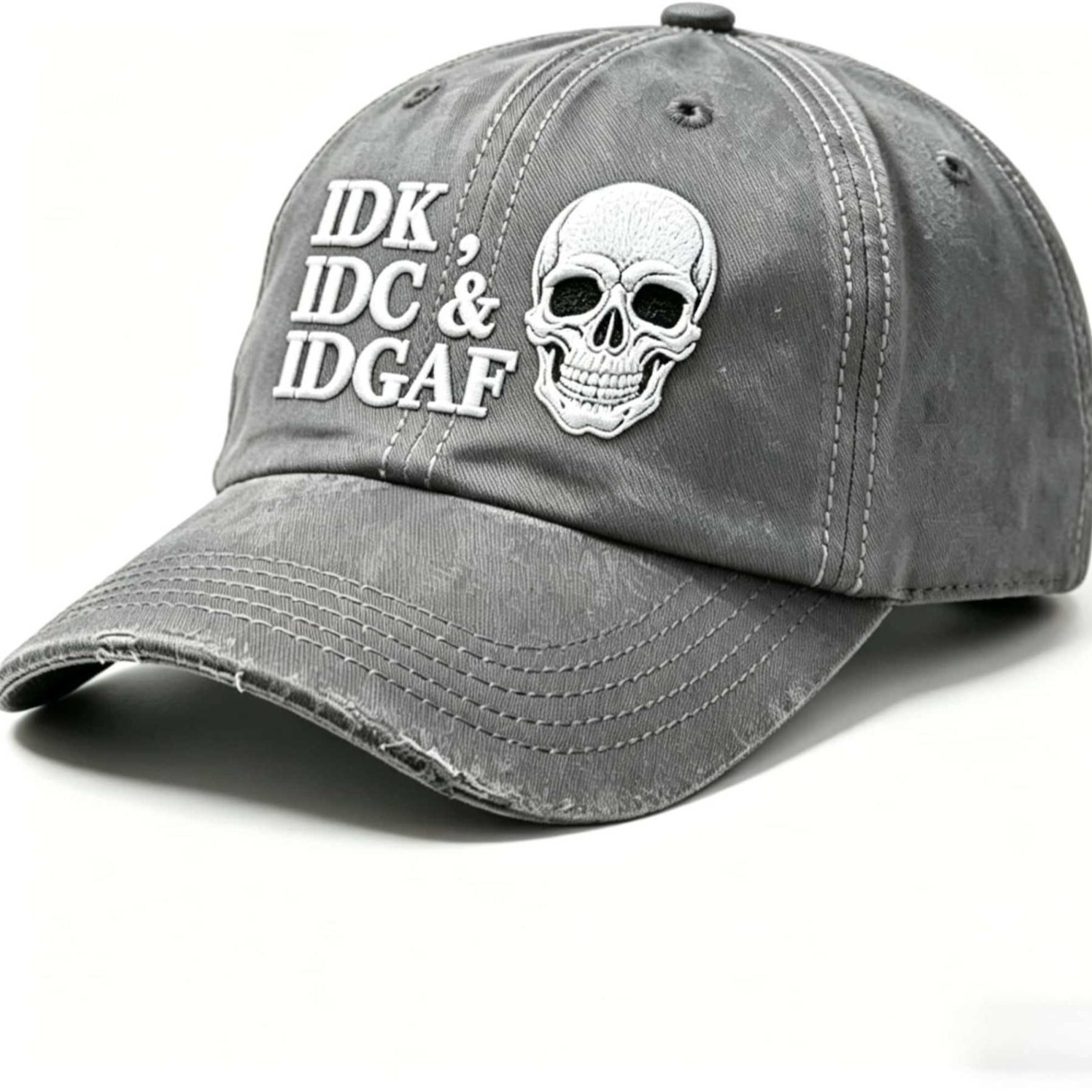 IDK IDC & IDGAF Skull Embroidered Vintage Washed Baseball Cap Funny Men Dad Hat