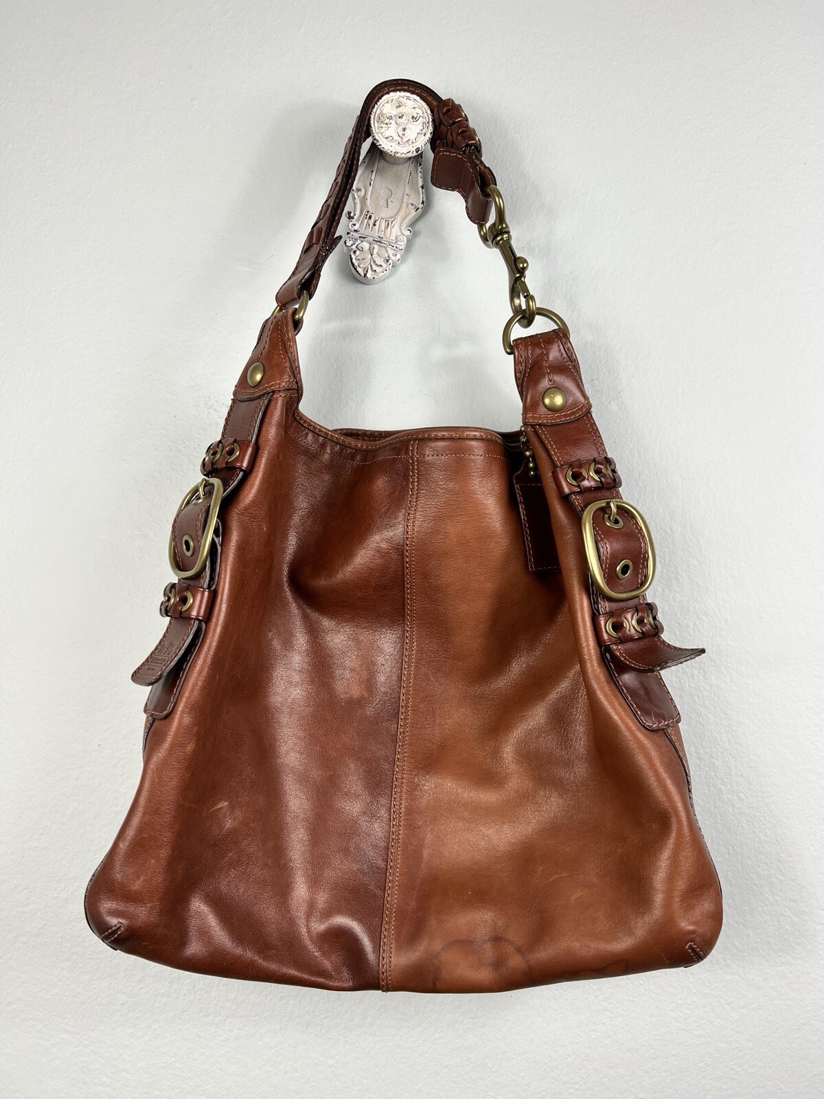 COACH Bleecker Felicia Burnished Leather XL Slim Duffle Hobo Bag Purse 11424