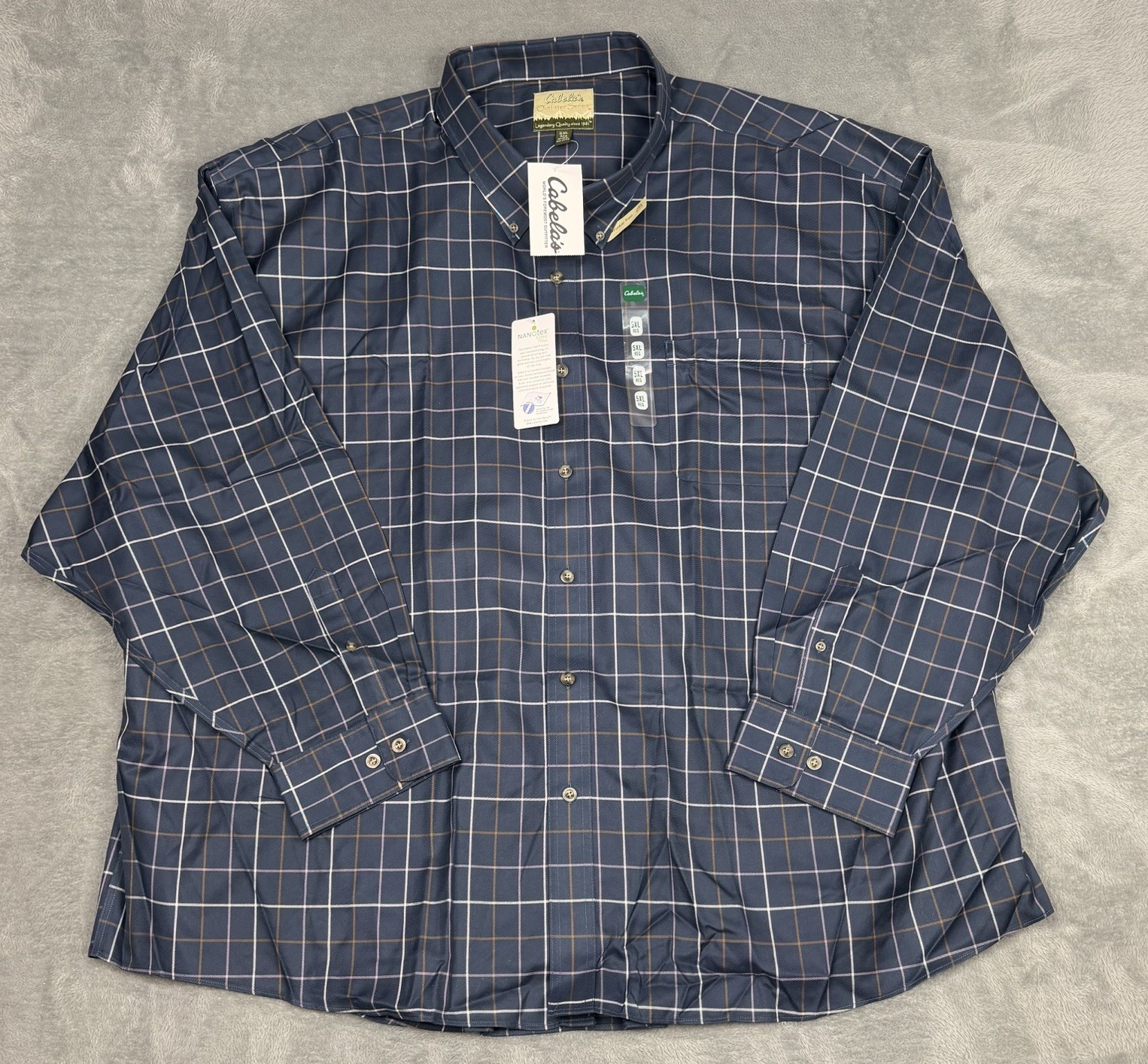 Cabelas Outfitter Series Shirt Mens 5XL Navy Windowpane Nanotex Button Down NEW