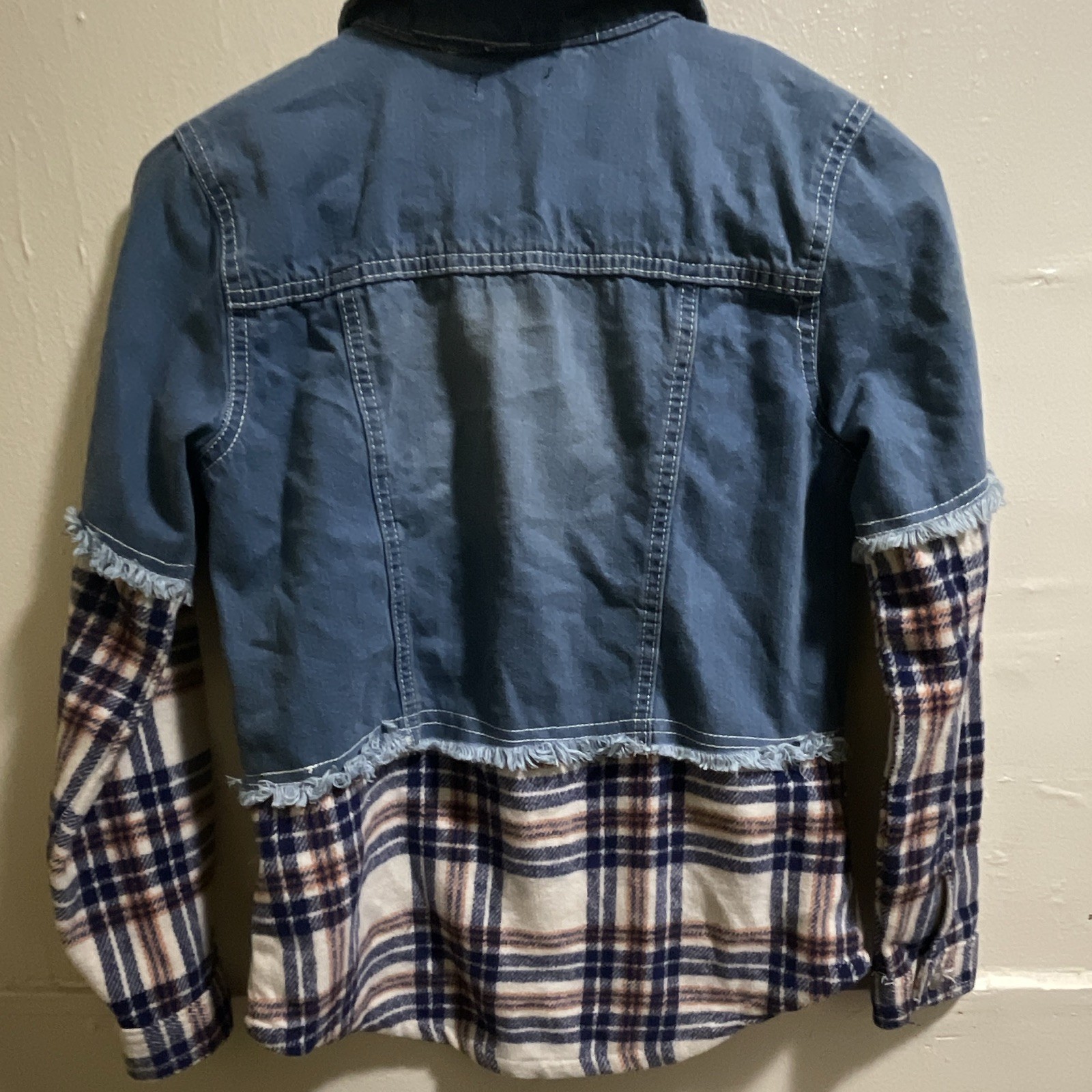 NYC Girls Denim Plaid Button Jacket w/ Pockets Blue Beige Navy Size 10/12