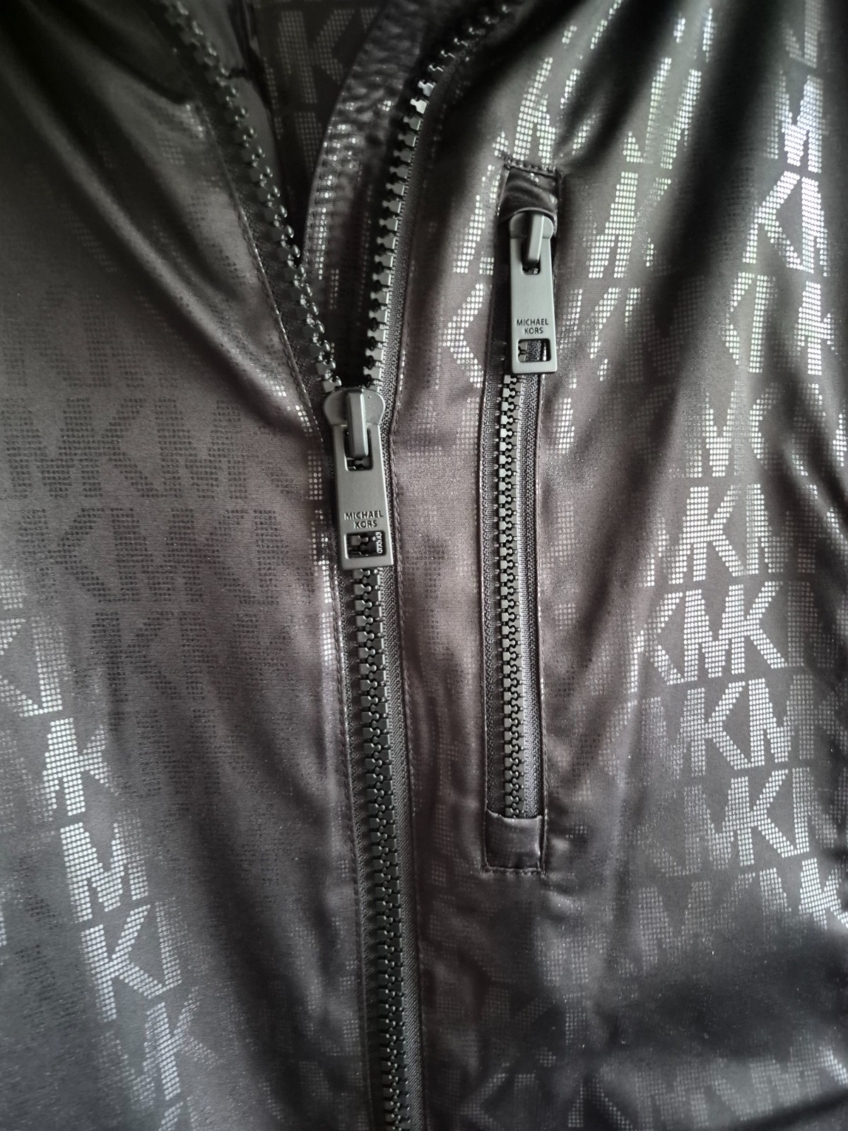 Michael Kors black multi logo print longline coat size S 42″ chest new cost £275
