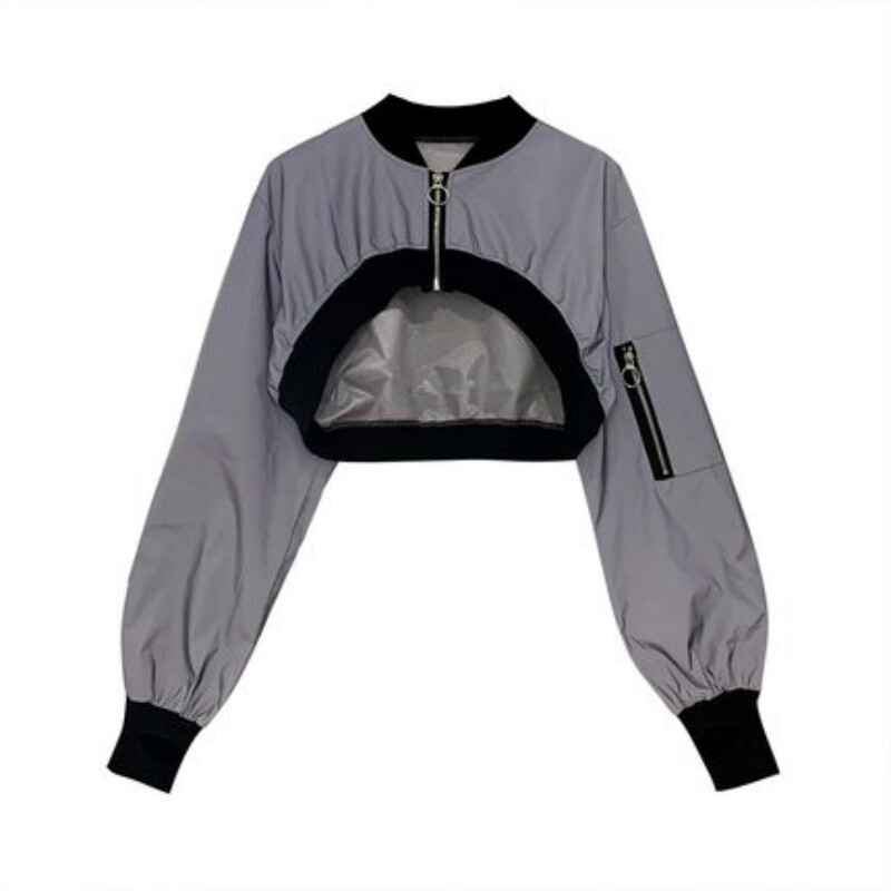 Women Reflective Crop Top Zipper Bomber Jacket High Waist Coat Party Outfit