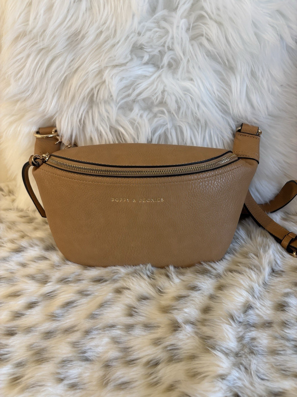 Poppy & Peonies SIDEKICK Sling Crossbody Fanny Pack Camel Color Zip Closure