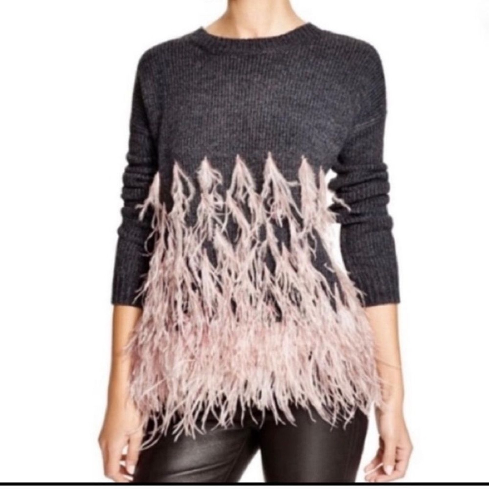 ELIZABETH AND JAMES Grey with Pink Ostrich Feather Trim Sweater size medium
