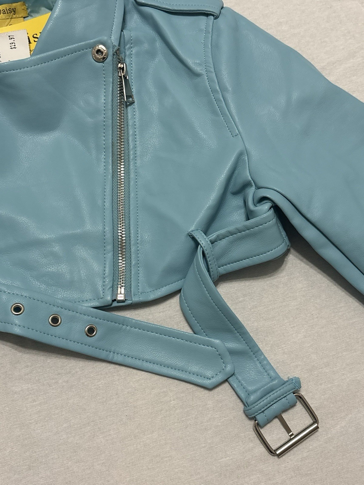Daisy Blue Cropped Biker Jacket Belted Zipper Epaulette Women’s Size S F18