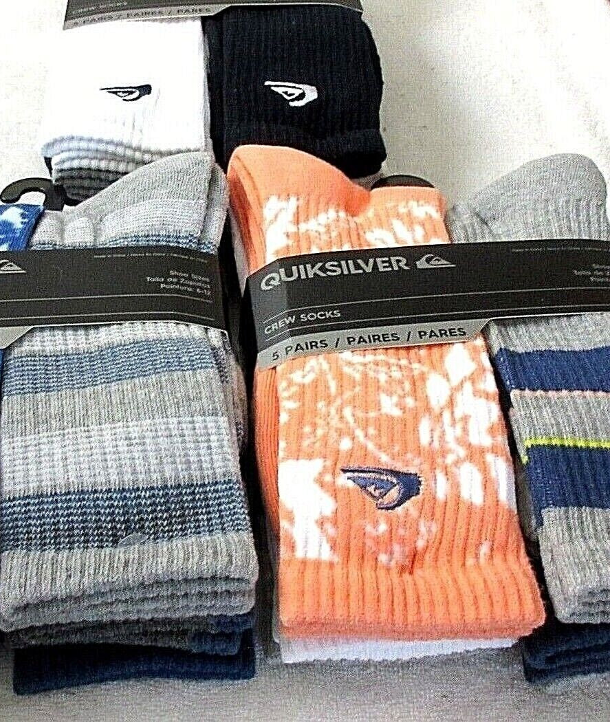 Quiksilver Men’s Crew Length socks lot of 5 pairs Size 6-12 NWT Ships Free