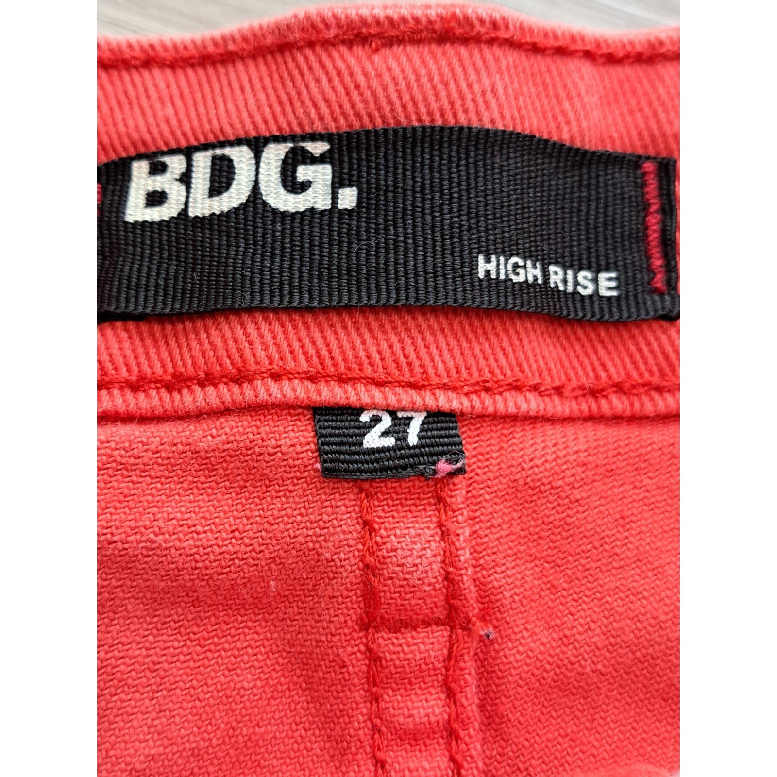 BDG Y2K Urban Outfitters High Rise Denim Shorts Coral Red Raw Hem Stretch sz 27