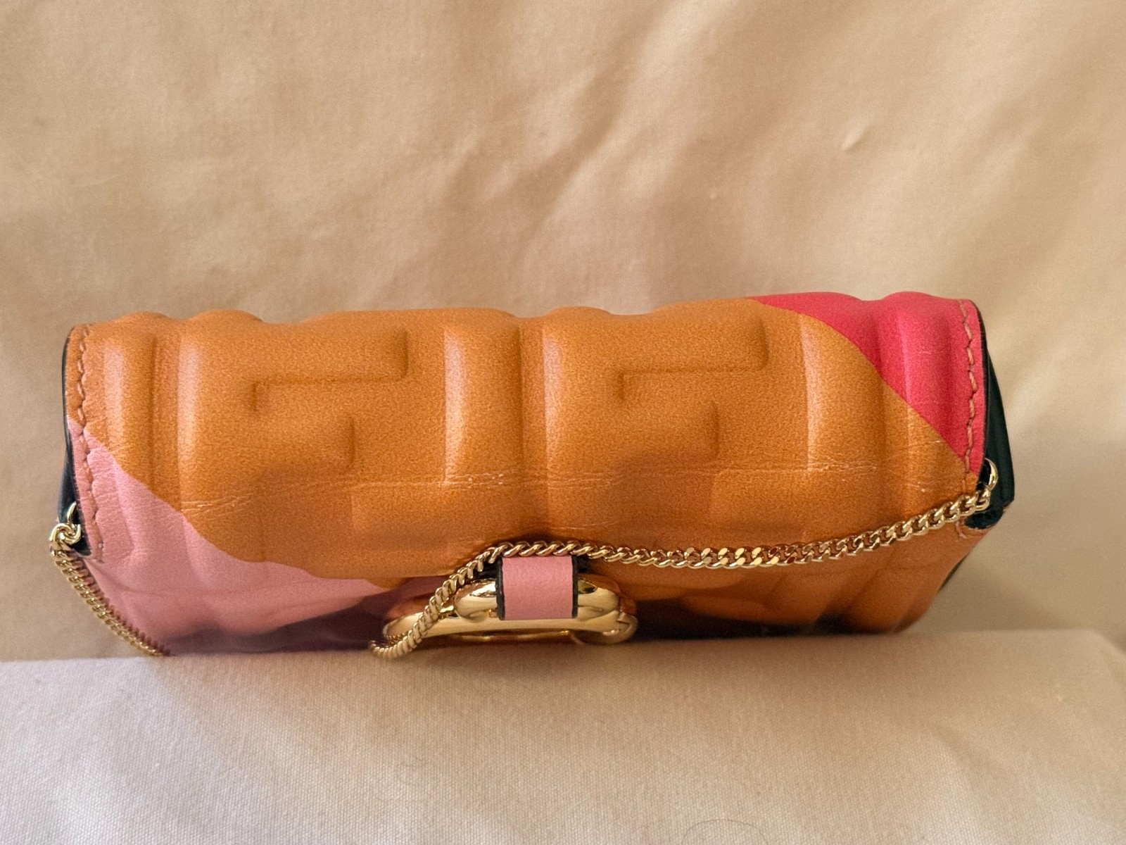 Fendi Multi-Color FF Embossed Nano Baguette Charm Bag With Chain