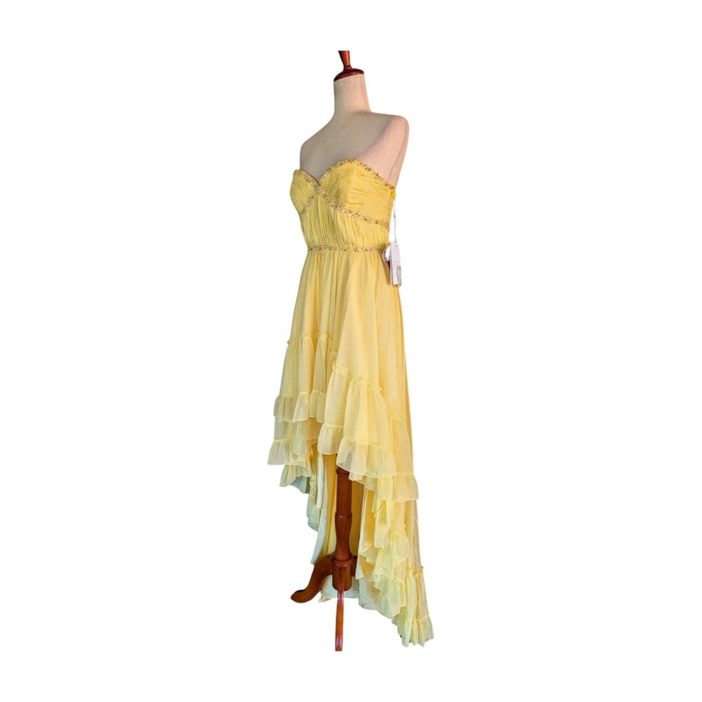 NWT MAC DUGGAL Beaded Strapless Chiffon High Low Evening Dress Lemon 68096 SZ 4
