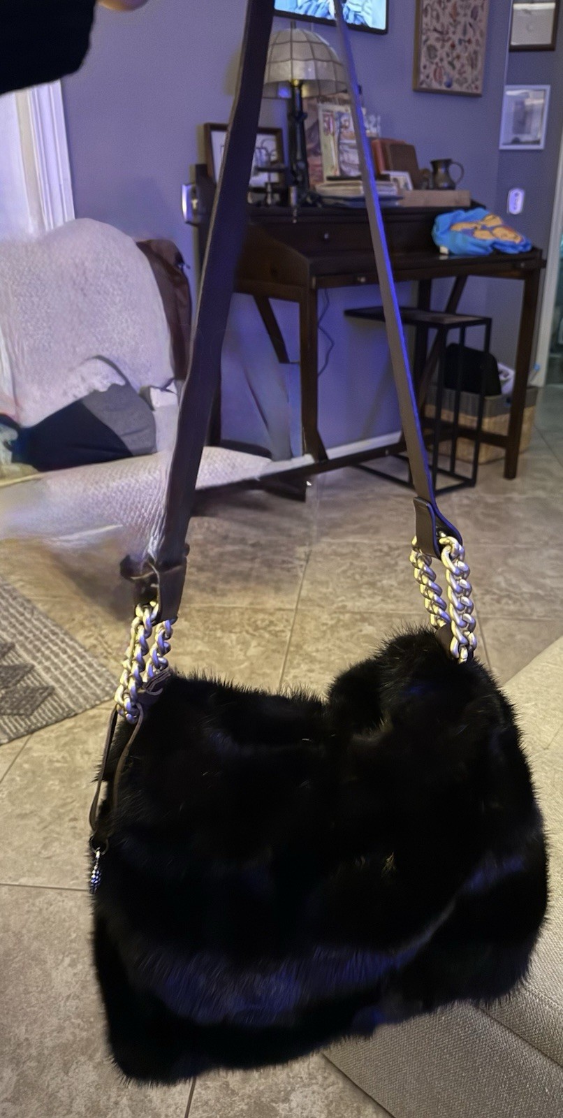 Italian Falor Leather Mink Fir Handbag