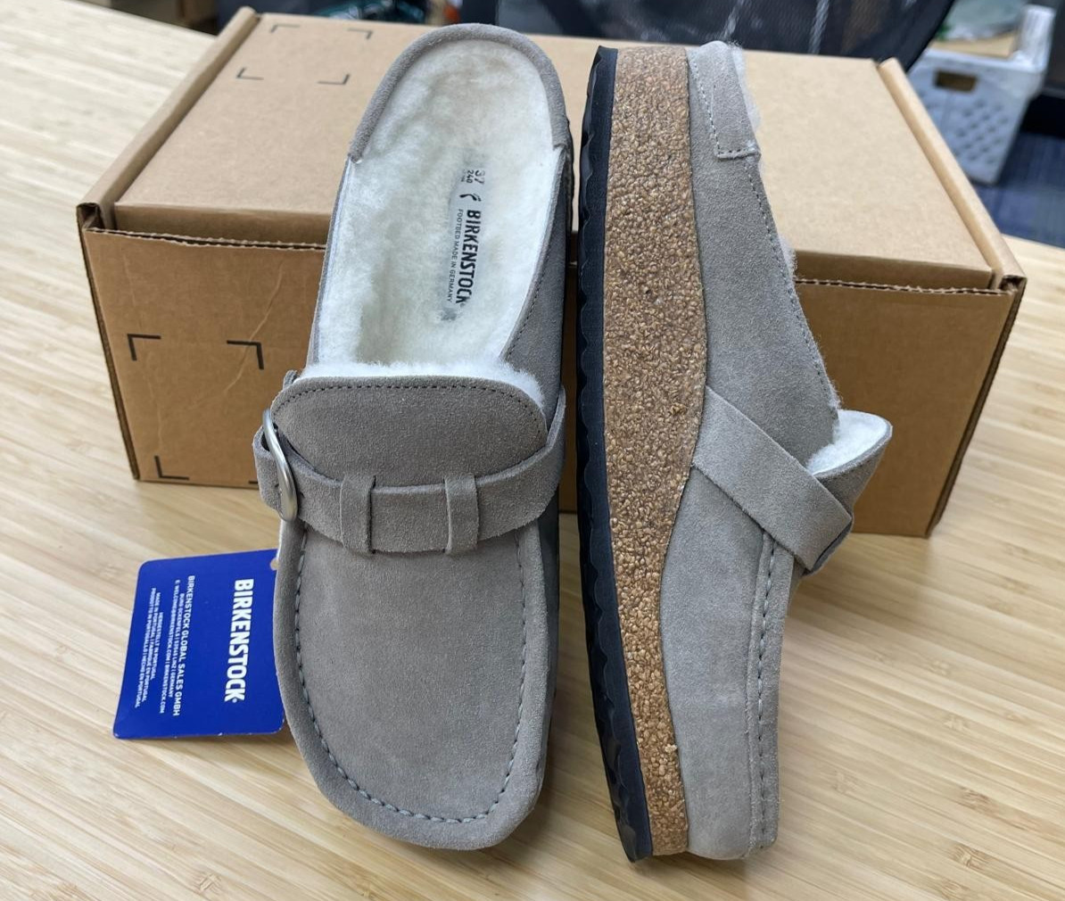 BIRKENSTOCK Unisex Buckley Shearling Suede Clog,Stone Gray,Size EU37/US W6-M4