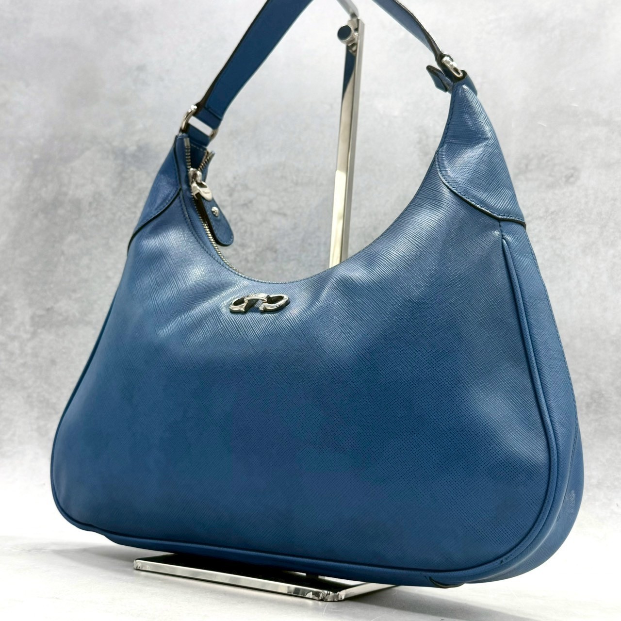 Salvatore Ferragamo Blue Saffiano Leather Hobo Shoulder Bag Gancini Italy Women