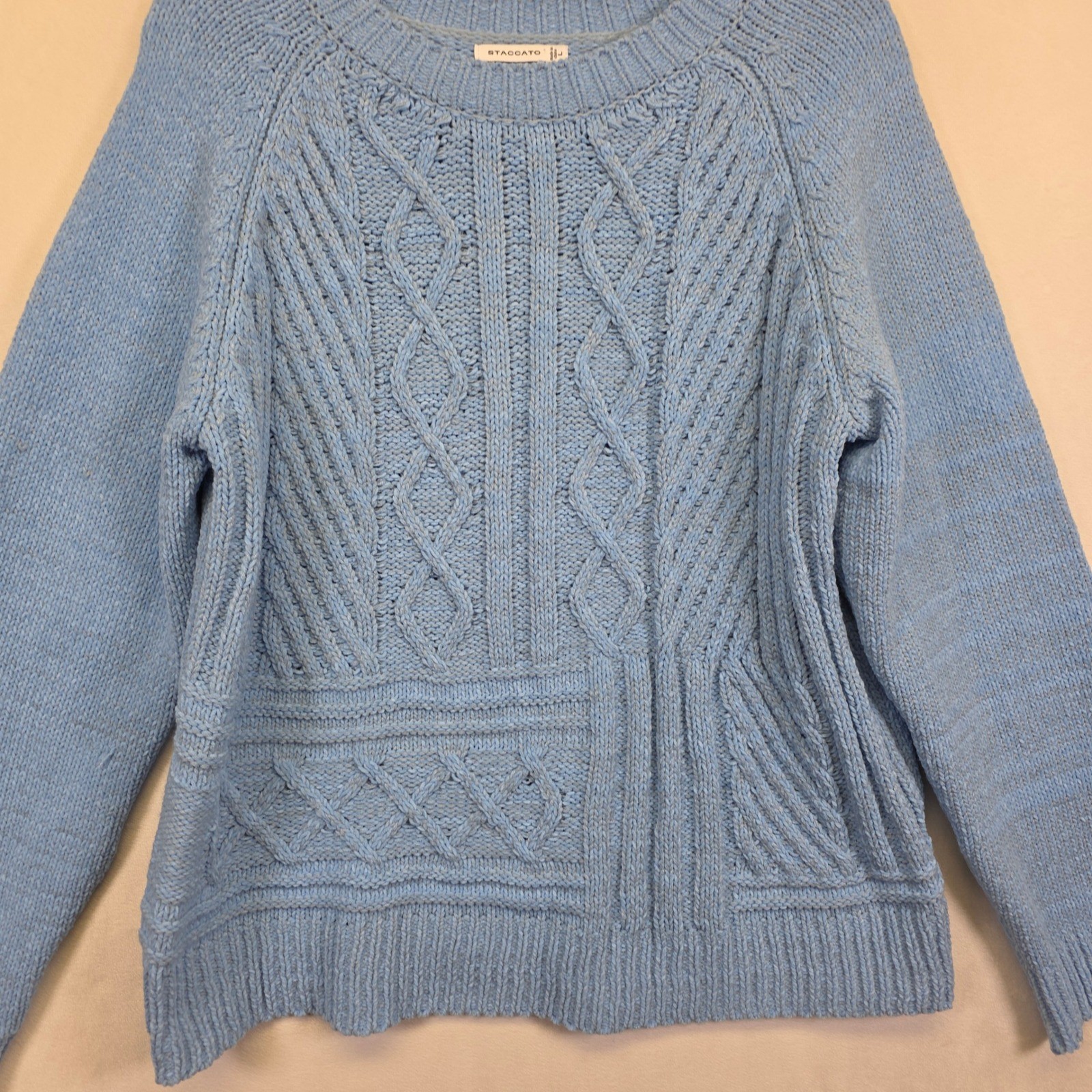 Staccato Cable Knit Sweater Womens L Blue Cozy Soft Fisherman Cottagecore Preppy
