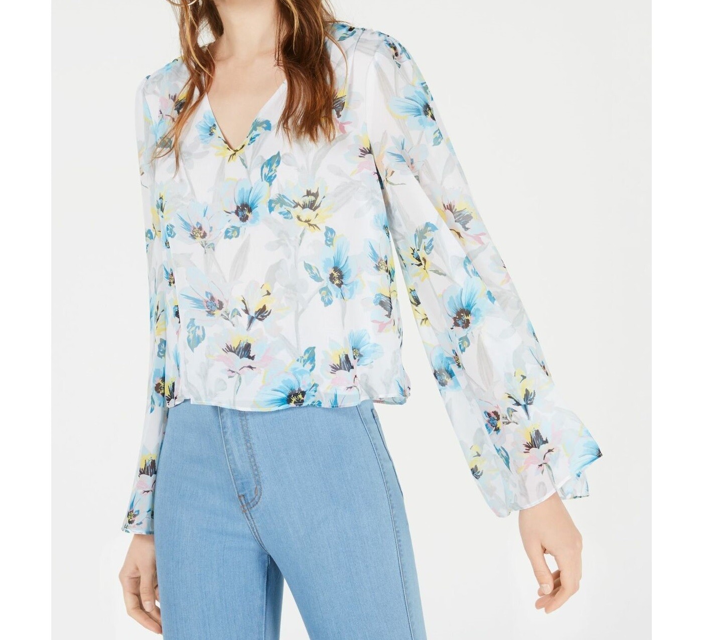 Bar III Womens S White Lush Flowers Lined VNeck Sheer Long Sleeve Top NWT