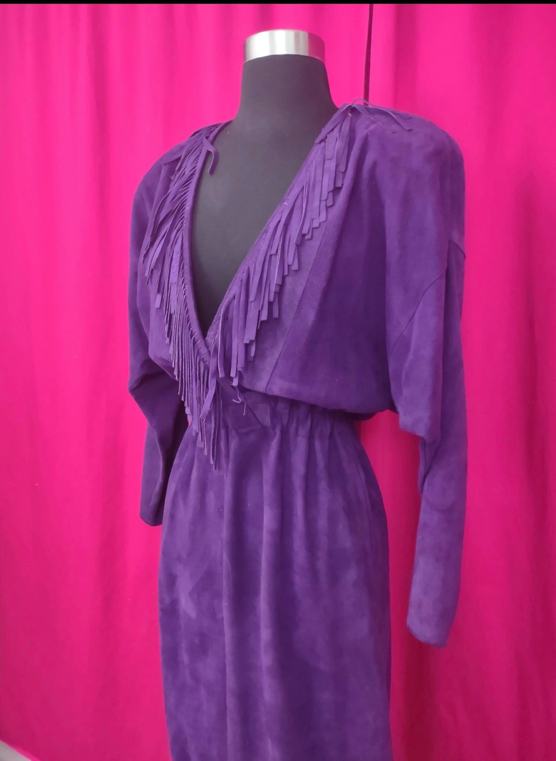 Purple Suede Fit & Flare Maxi Dress V-Neck Long Sleeve Fringe Pullover S