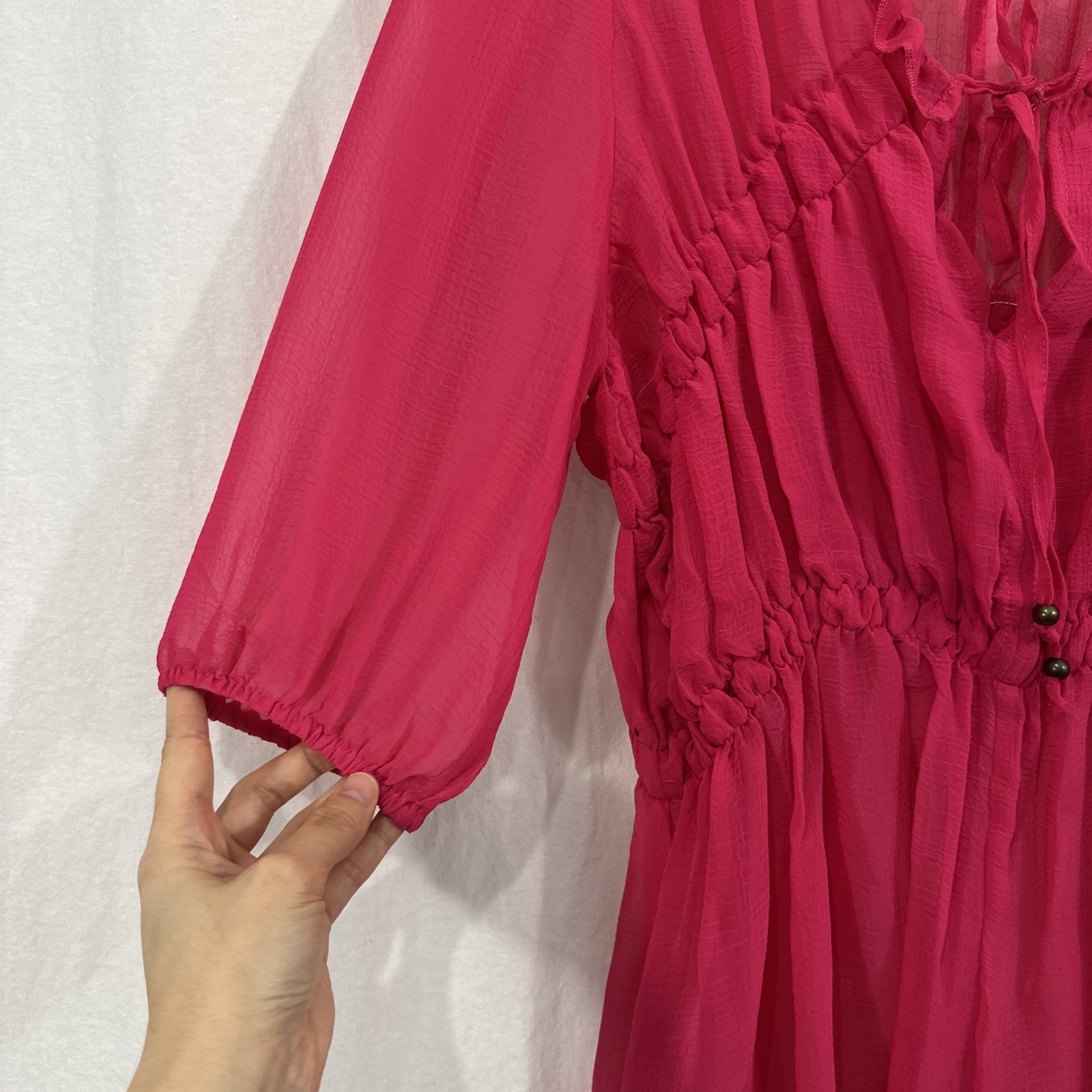 Umgee Hot Pink Sheer Ruffle Coquette Romantic Peasant Top Women’s Sz M