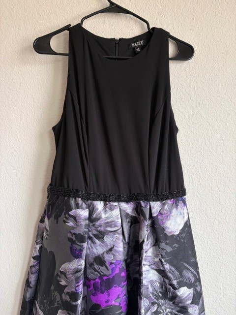 SLNY Womens SZ 10 Black High-Low Floral-print Beaded Cocktail Dress Wedding