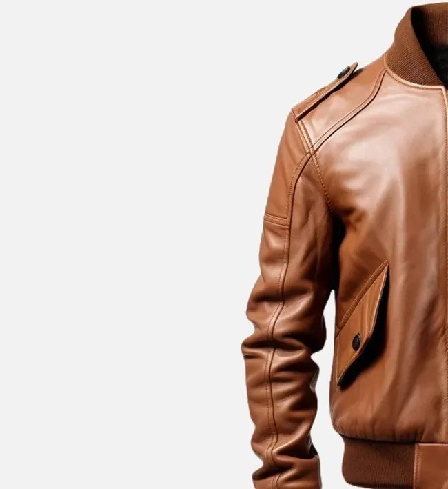 Men’s Brown Leather Bomber Jacket Ribbed Collar Cuffs Vintage Motorcycle Coat