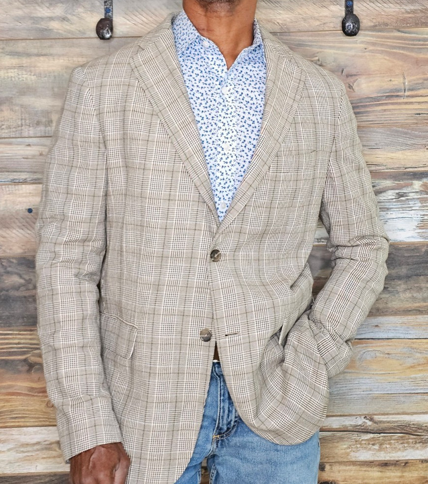 Zara Cotton Linen Dual Vent Unconstructed Brown Plaid Sport Jacket Blazer 40R