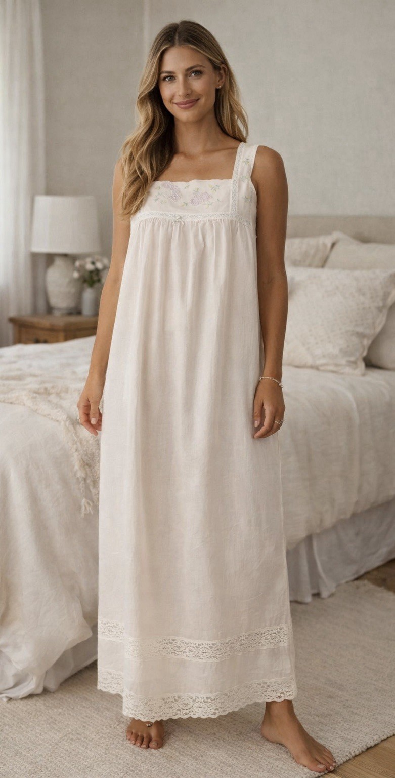 VTG Vanity Fair Nightgown M Pink Cotton Maxi Lace Trim Embroidered Cottagecore
