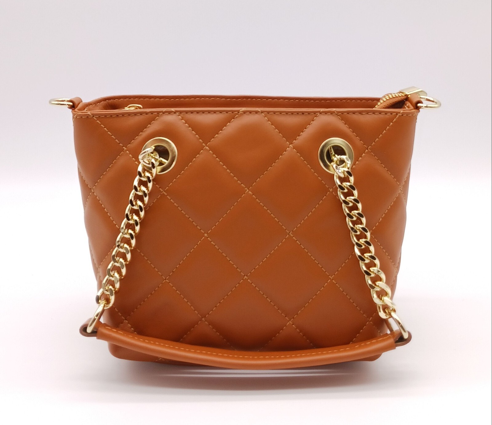 Italian Genuine Leather Small Quilted Tote Crossbody – Made In Italy – Cognac