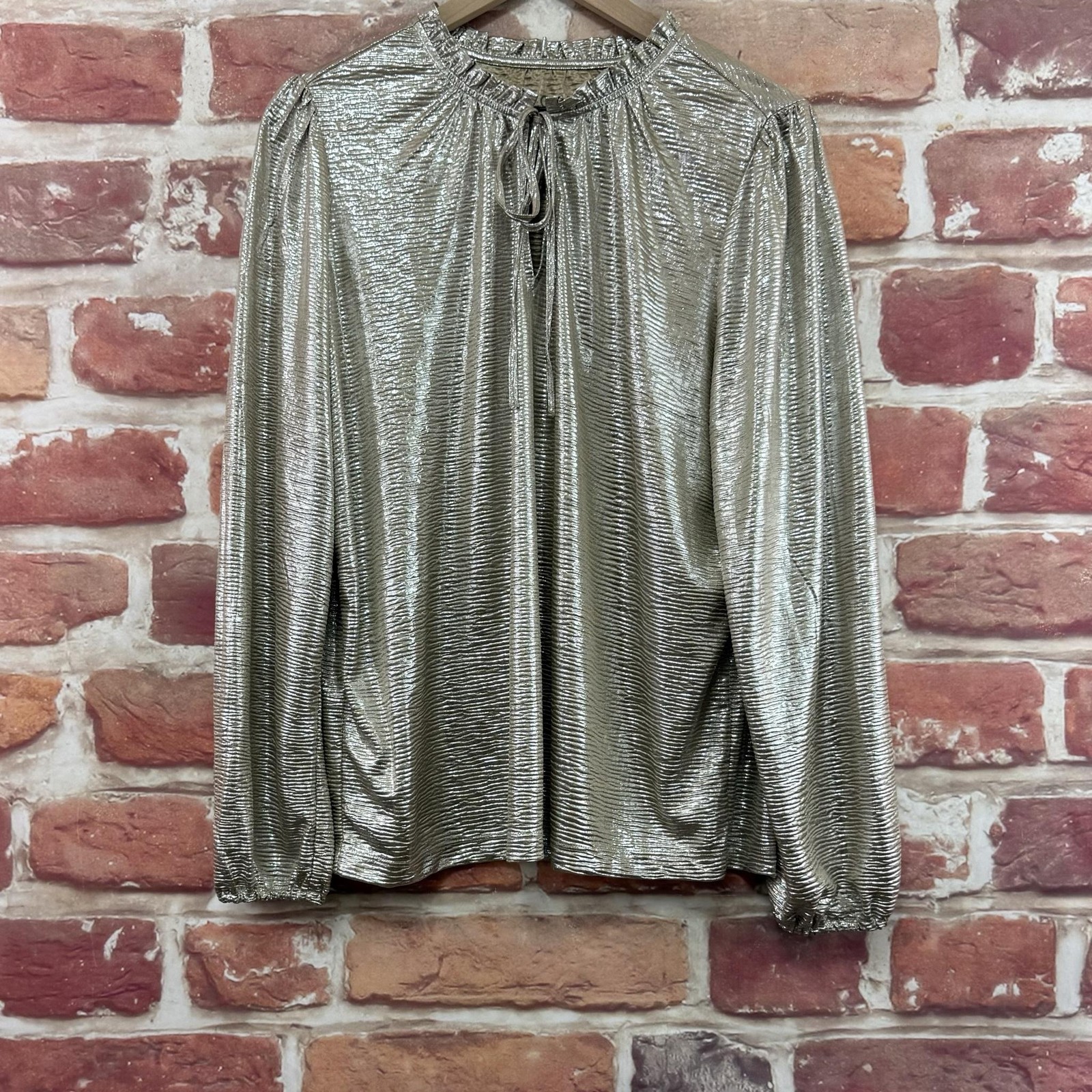 Ann Taylor Loft Womens Large Gold Metallic Ruffle Tie Neck Casual Evening Shirt