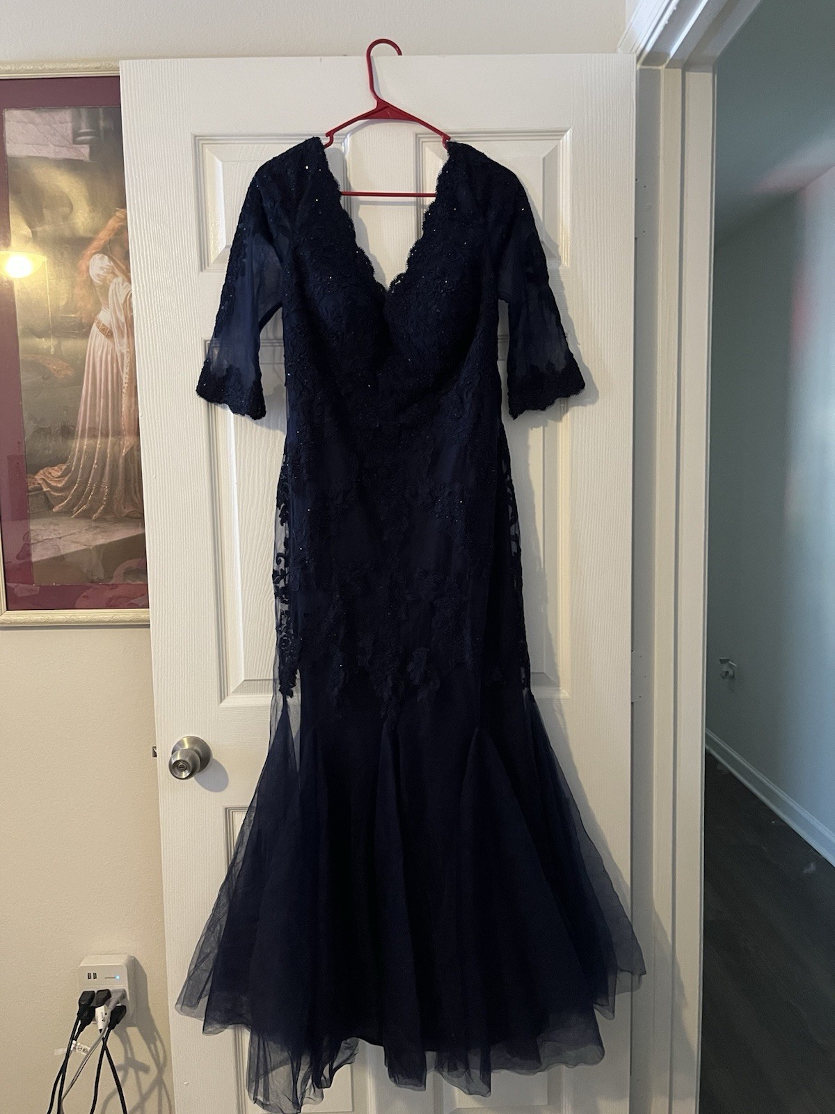 Marsoni by Colors Navy Blue Beaded Lace Mermaid V-Neck Long Dress 14