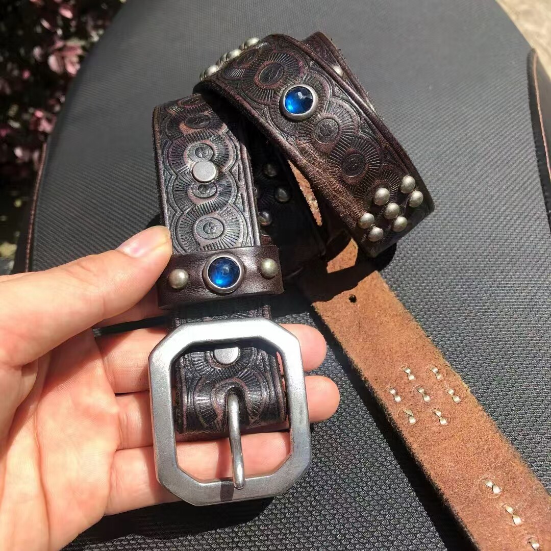 RRL Double RL Dark Brown Leather Belt with Silver Buckle Colorful Gem Size 34