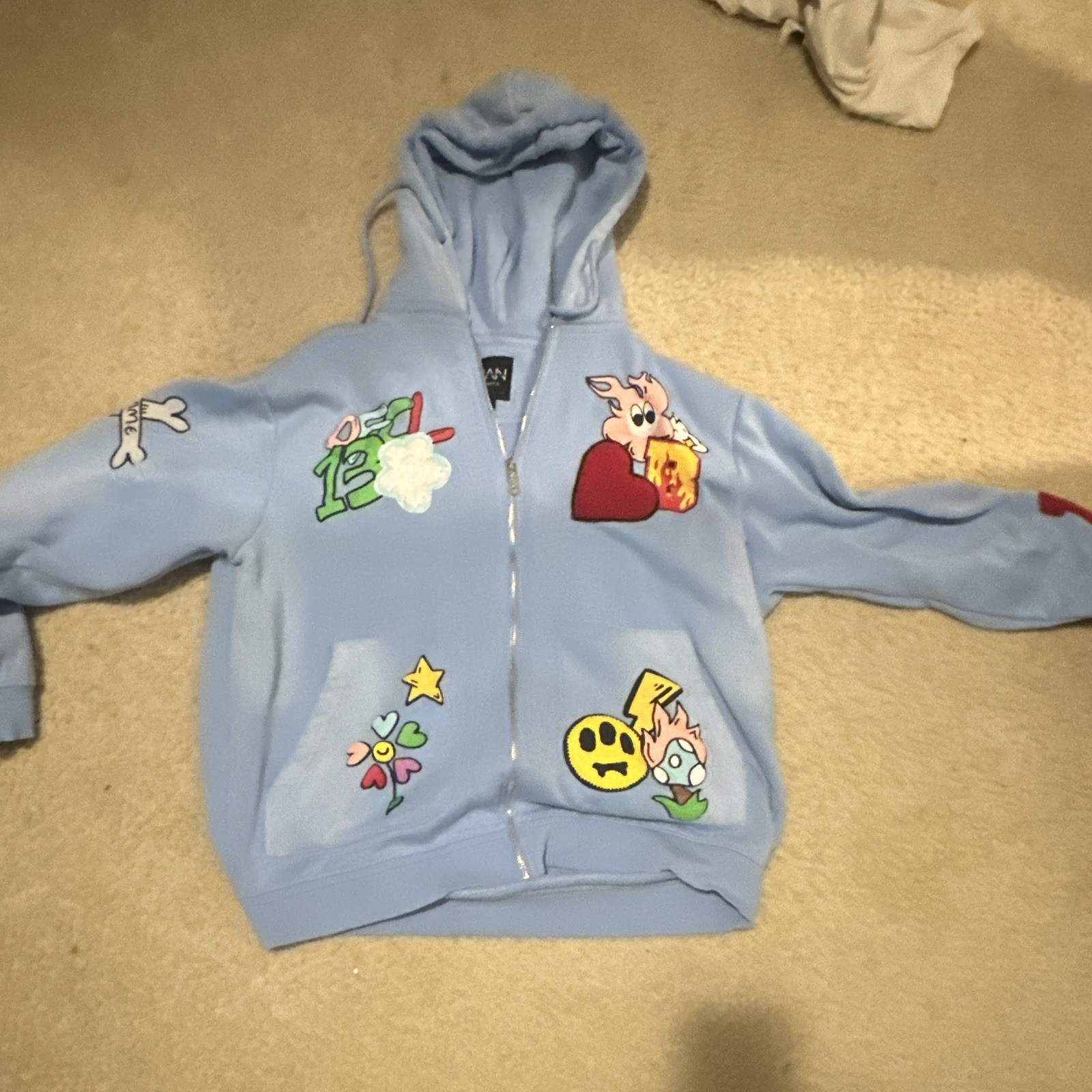 boohooMAN Men’s L Blue Full Zip Hooded Graphic Print Fleece Hoodie