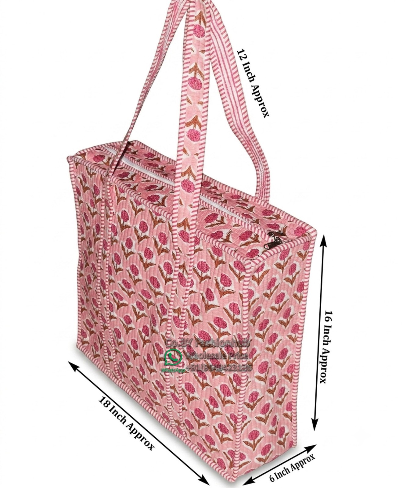 Quilted Tote Bag Handmade Block Print Cotton Handbag Indian Floral Boho Beach