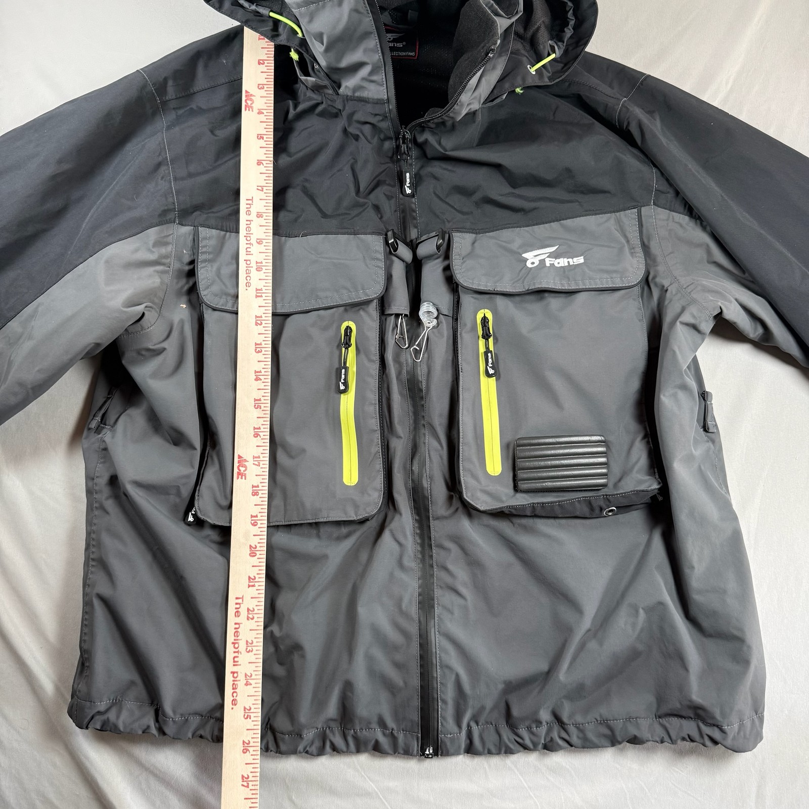 Fans Fly Fishing Wading Jacket Hooded Waterproof Gray Yellow Mens Size Large