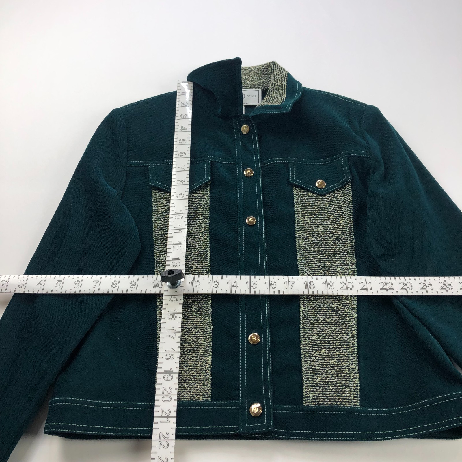 St. John Sport Marie Gray Size P Petite Button Blazer Jacket Dark Green PLS READ