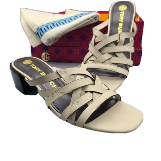 Tory Burch Sandals Basket Weave block heel Cream Slides Women Sz 8 New Box