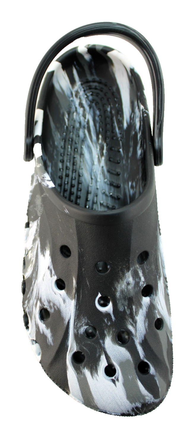 CROCS Baya Men’s 10 Black / White Marbled Croslite Foam Slide Sandals RETAIL $55
