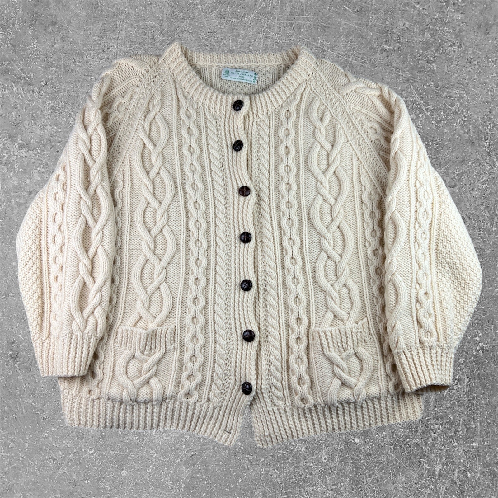 House of Ireland Aran Cardigan Mens XL Cream Pure Wool Hand Knitted Fisherman