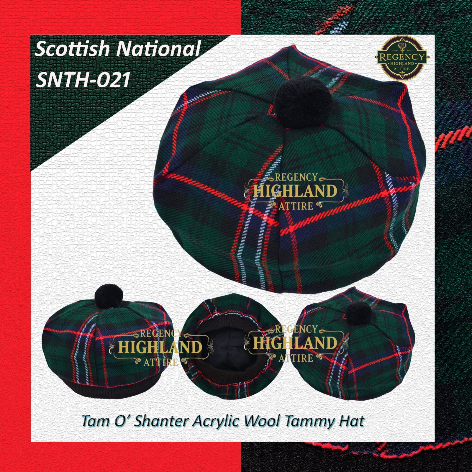 Unisex Great Scottish Highland Tam O Shanter Hat Made of Acrylic Wool Tartan.
