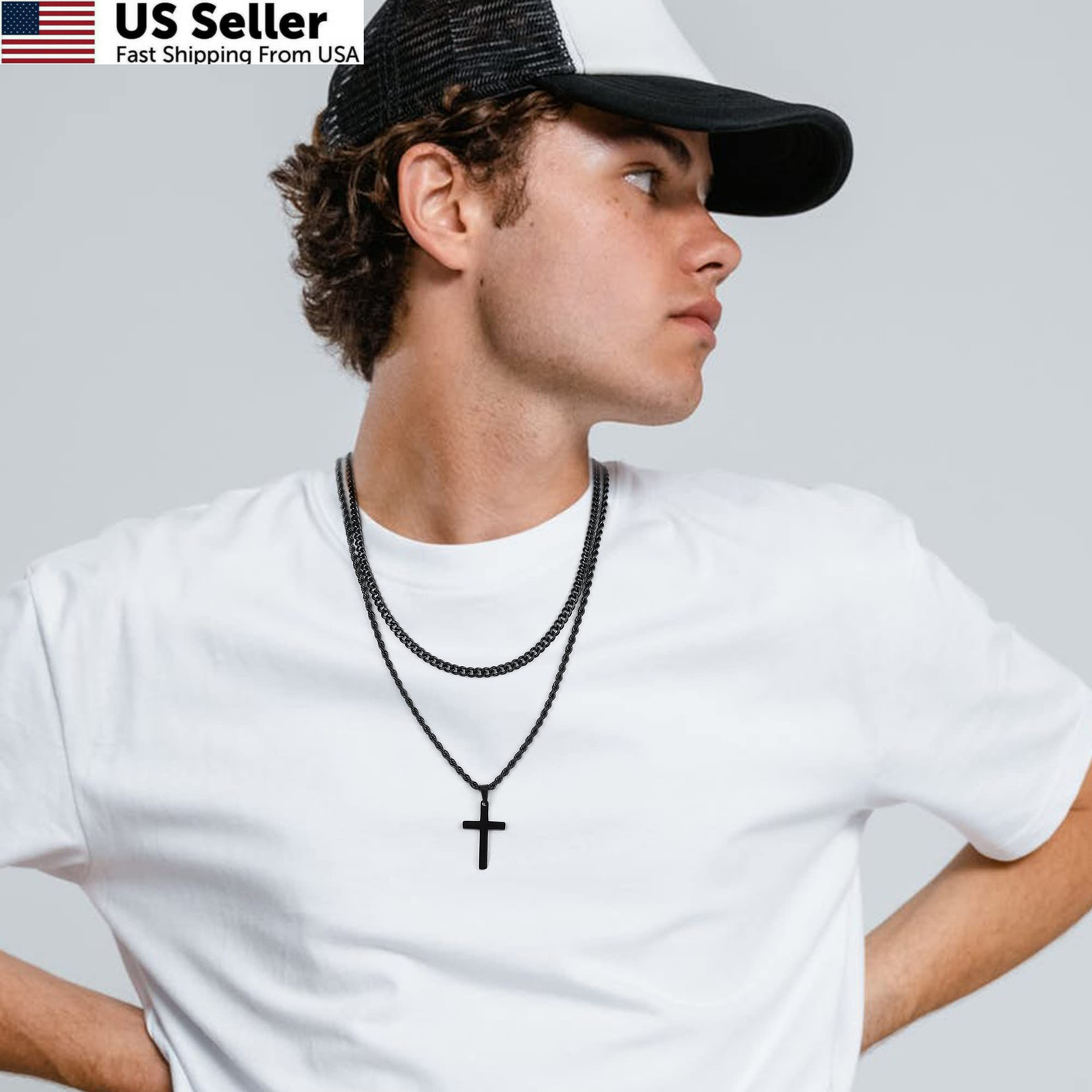 Yooblue Cross Necklace for Men – Stainless Steel 18-20 inches, “Silver