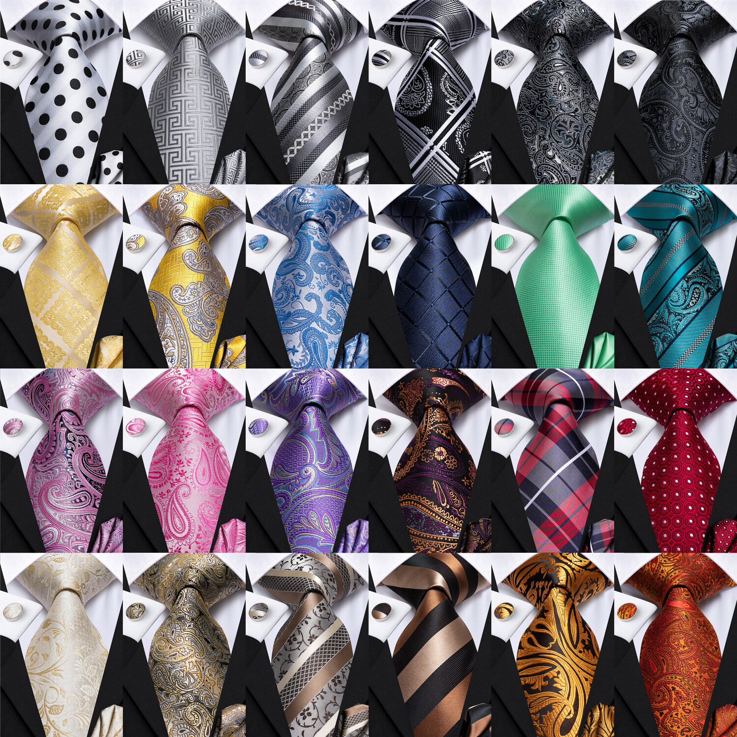 Mens Tie Striped Solid Paisley Necktie Hanky Cufflink Set Wedding Prom