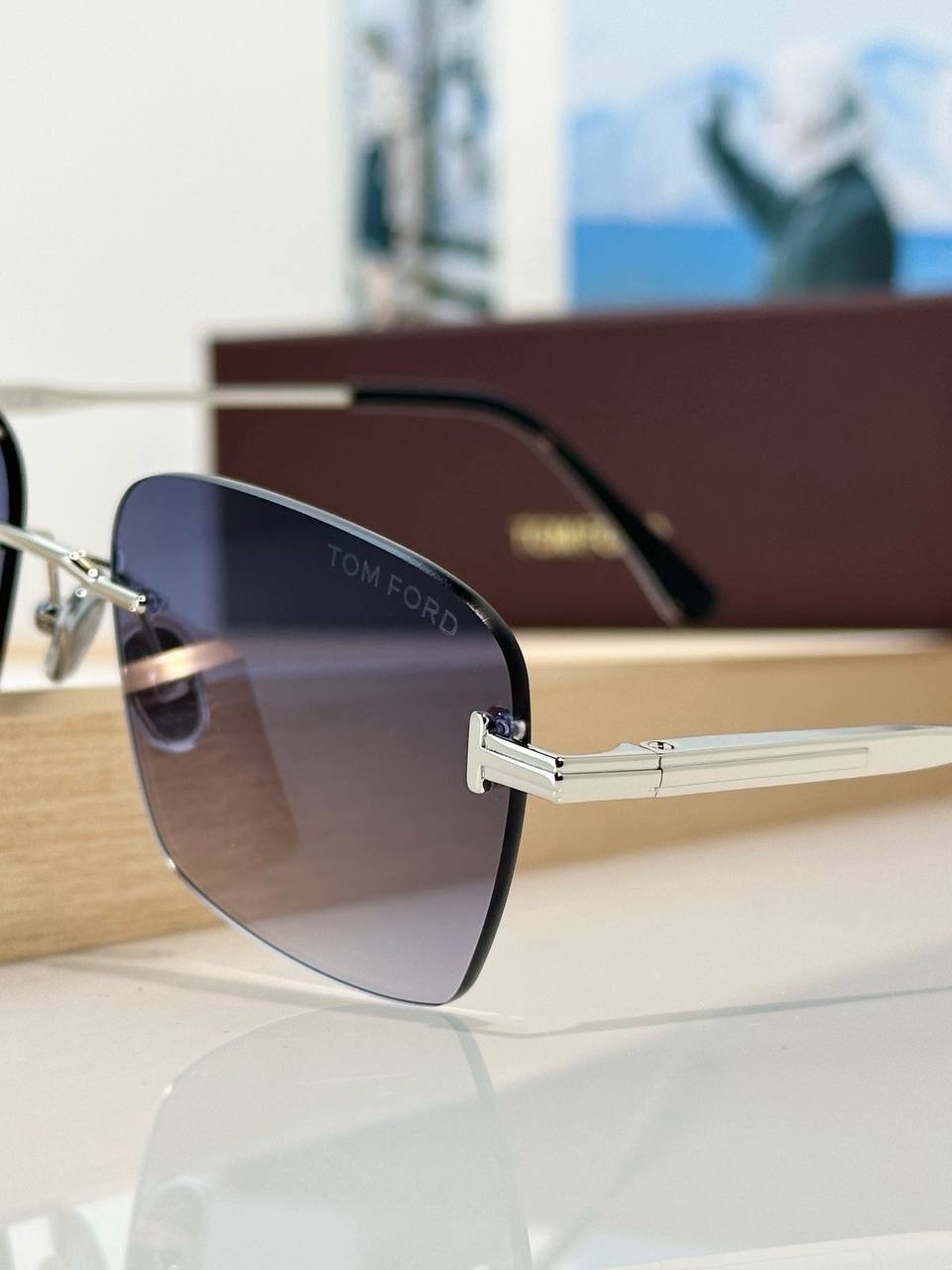 Tom Ford Rimless Square Sunglasses Silver Frame Gray Gradient Lenses Unisex