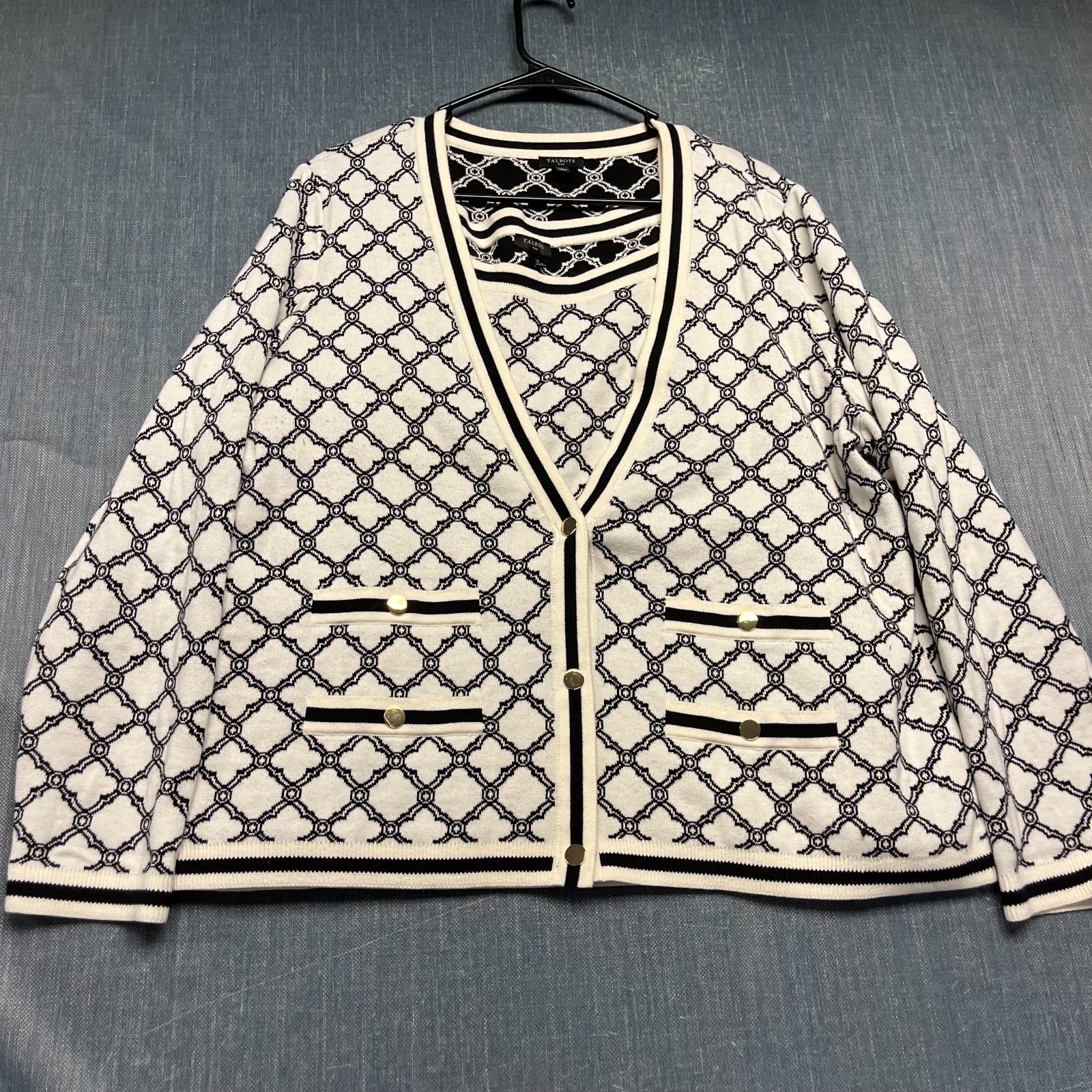Talbots Plus Women’s Cardigan Tank Set Size 1X White Black Gold Button Sweater
