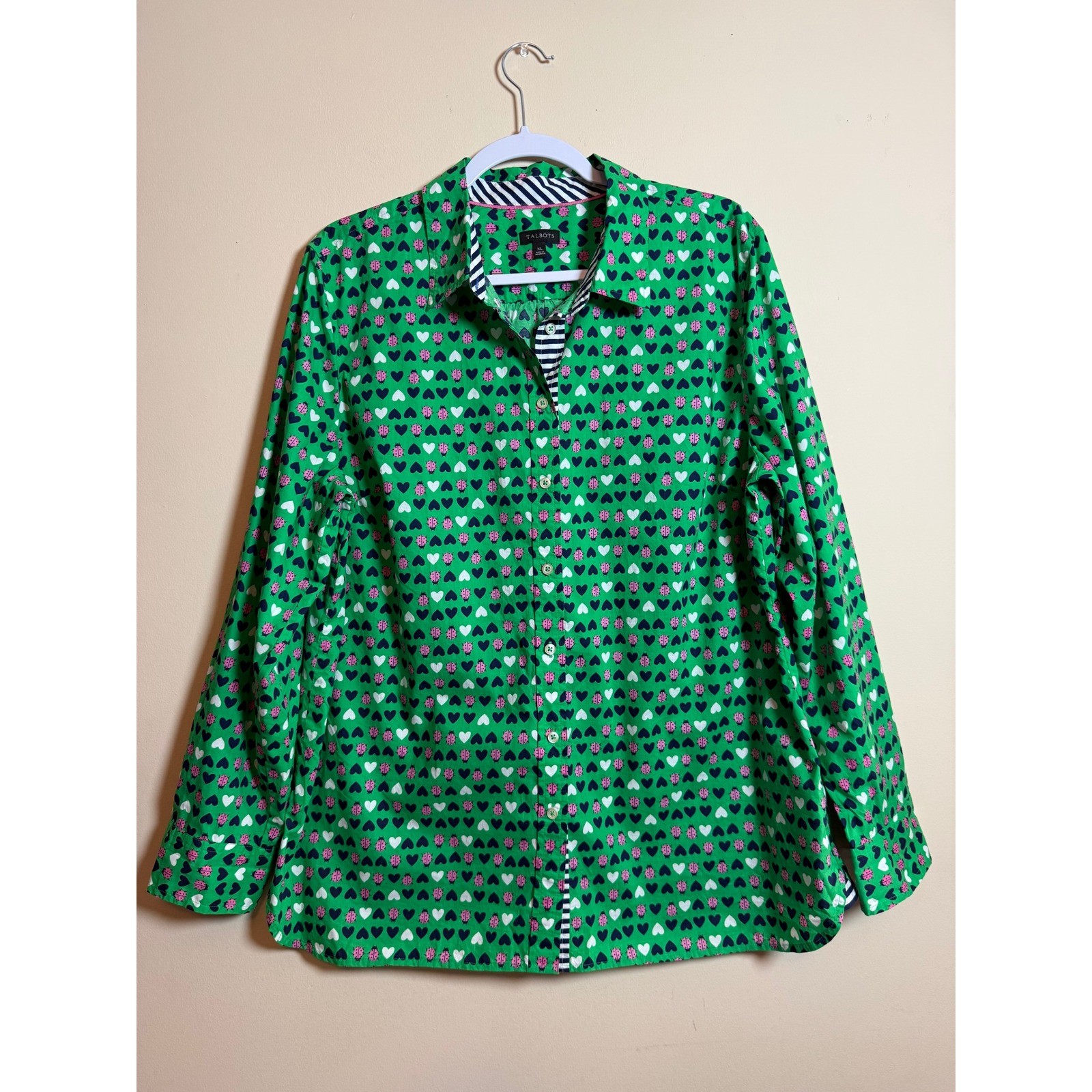 Talbots Green Ladybug Heart Print Button Down Shirt XL Womens Long Sleeve NWOT