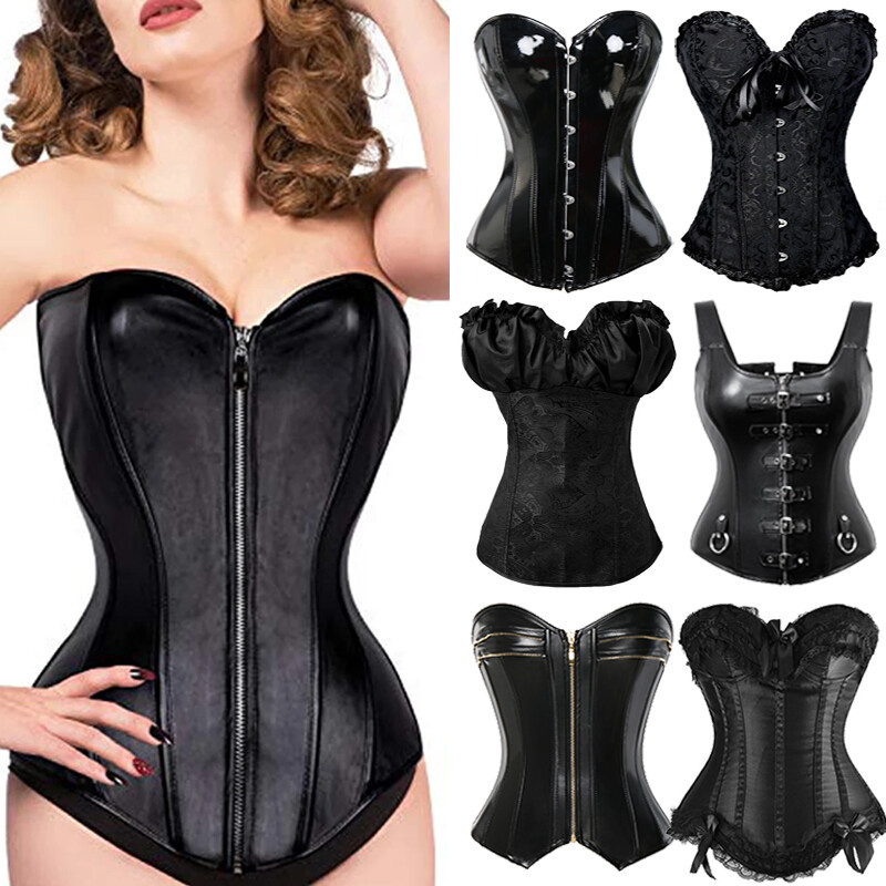 WOMEN BLACK PUNK BONED WAIST TRAINING CORSET OVERBUST LACE UP BUSTIER TOP SHAPER