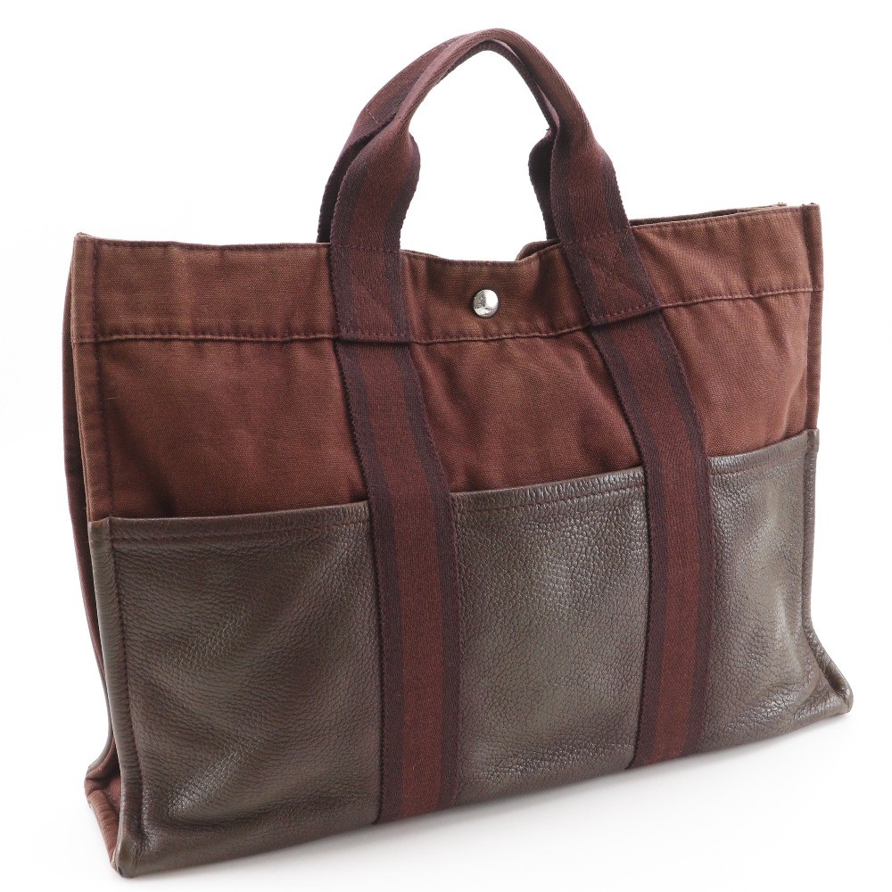 HERMES Sack Fourre ToutMM Handbag Half leather Brown Cotton canvas/leather…