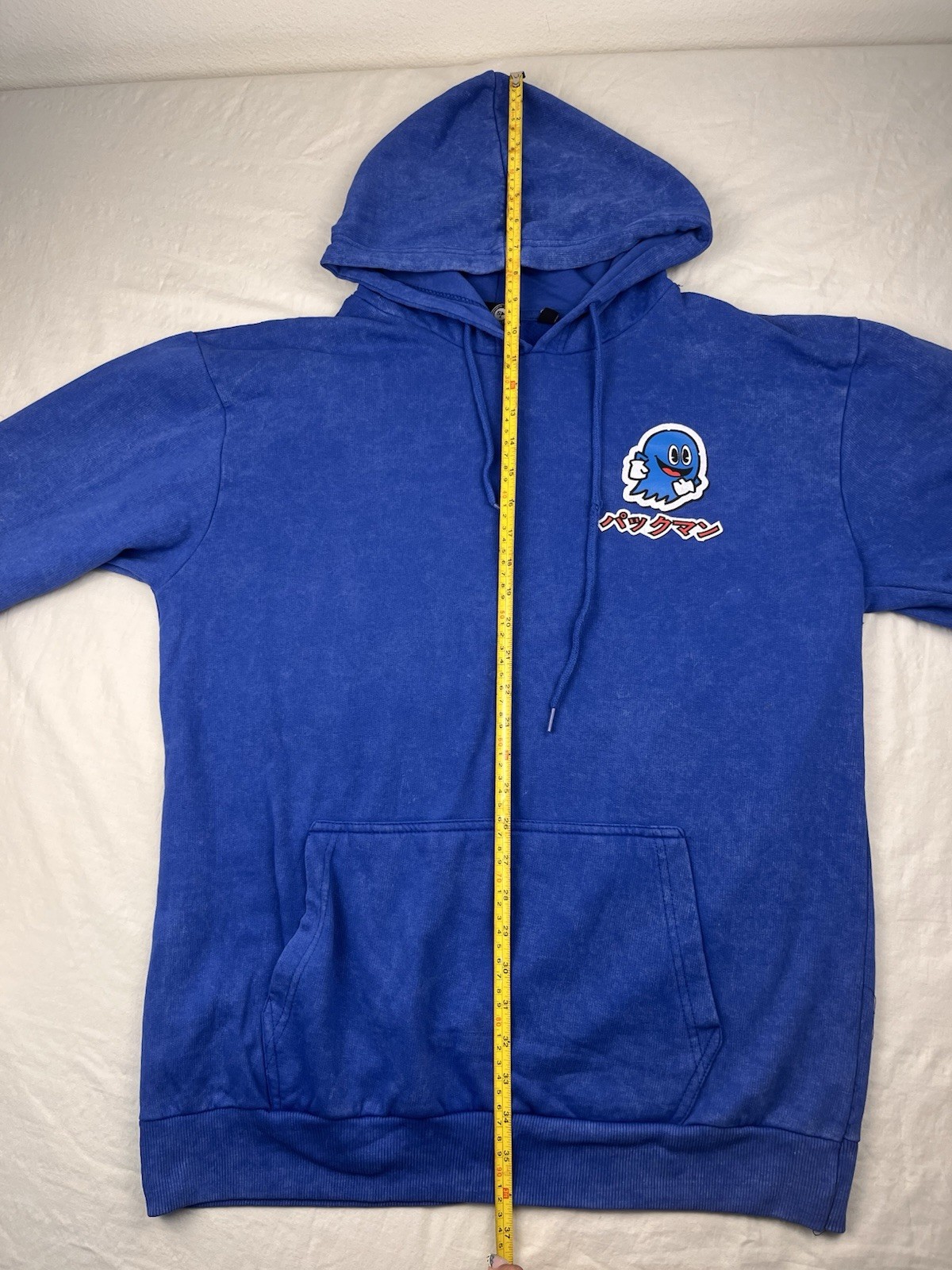 Retro Japanese Pac-Man Hoodie Large Blue Pull Over Long Sleeve Comfy wear Print