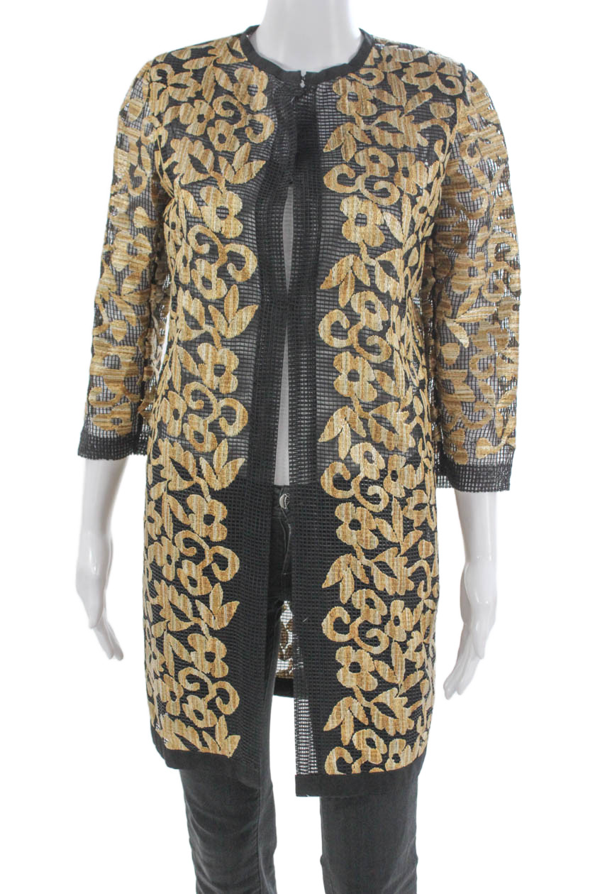 Not Available Womens Kimono Coat Black Floral 3/4 Sleeve Hook & Eye Size 6