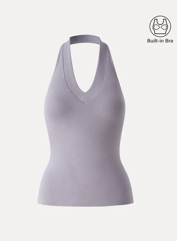 OGL Plantive Halter Neck Open Back Bra Tank, Glossy Grape